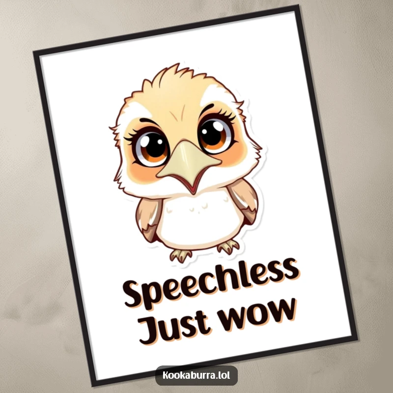 Funny free printable wall art of a kookaburra with comically shocked expression, wide eyes, and gaping mouth, perfect for laughs.