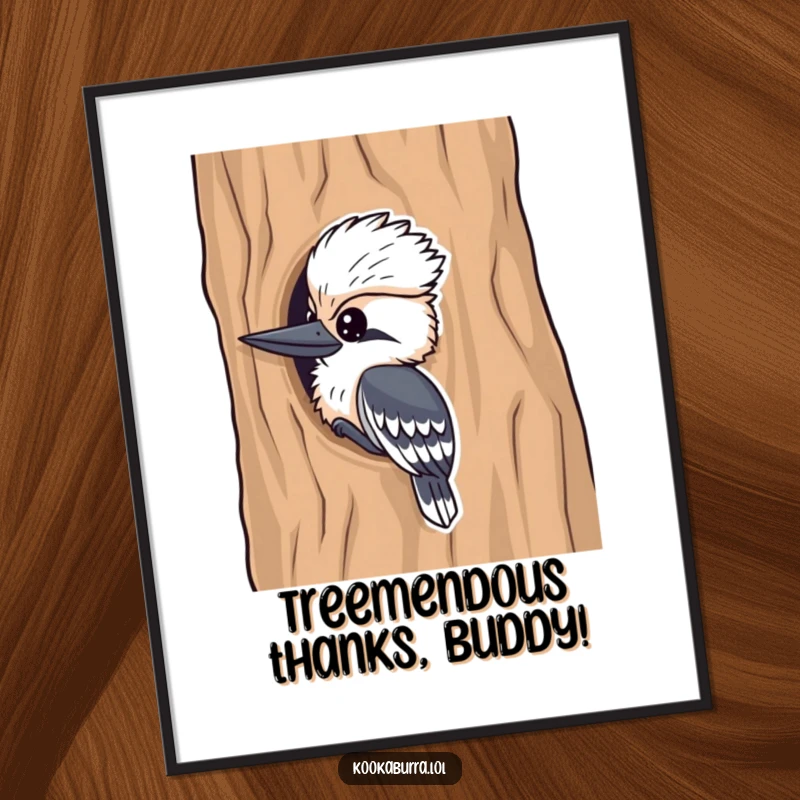 Funny Free Printable Wall Art: Kookaburra peeking mischievously from behind a tree, bringing smiles.
