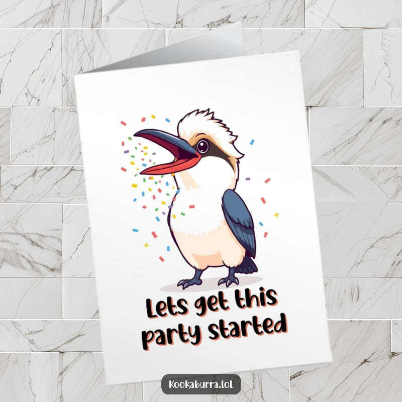 Funny Free Printable Birthday Card: Kookaburra's beak wide open, showering colorful confetti for a joyous birthday bash.
