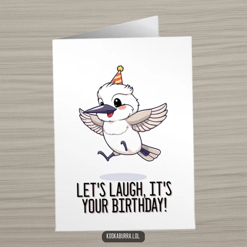 Funny Free Printable Birthday Card: A kookaburra in a tiny party hat jumping with absolute glee.