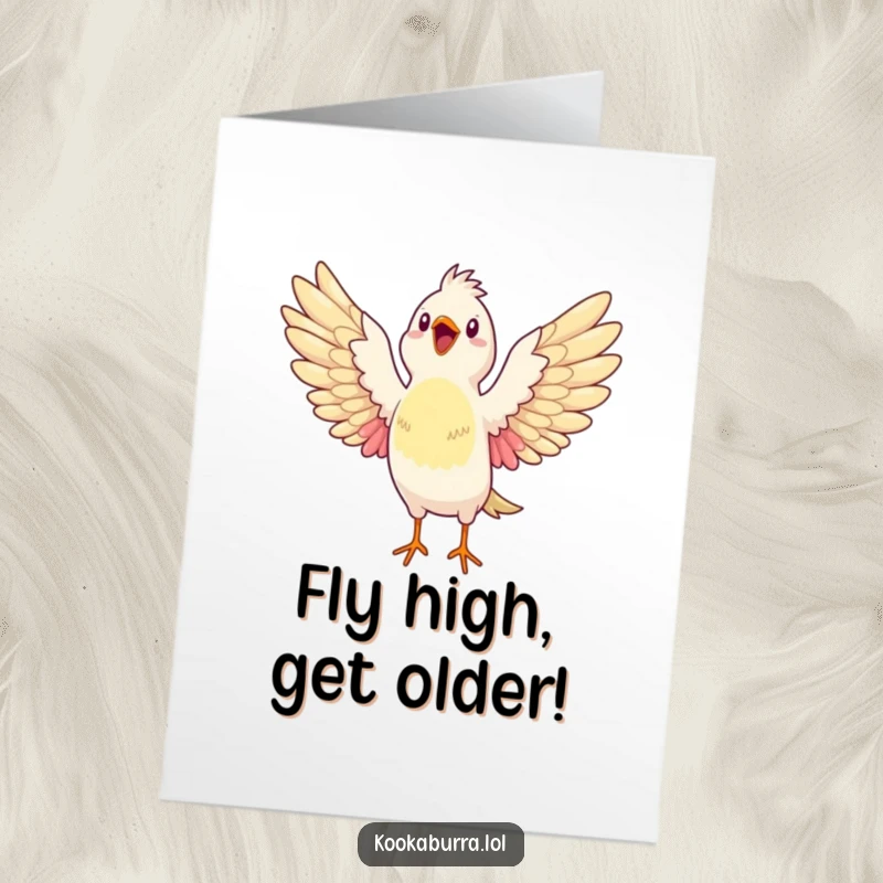 Funny Free Printable Birthday Card featuring a bird stretching its wings wide open, absolutely bursting with pure glee and excitement.