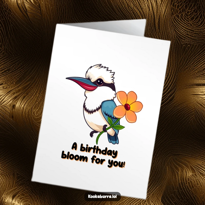 Funny Free Printable Birthday Card: A smiling kookaburra proudly offers a vibrant, colorful flower.