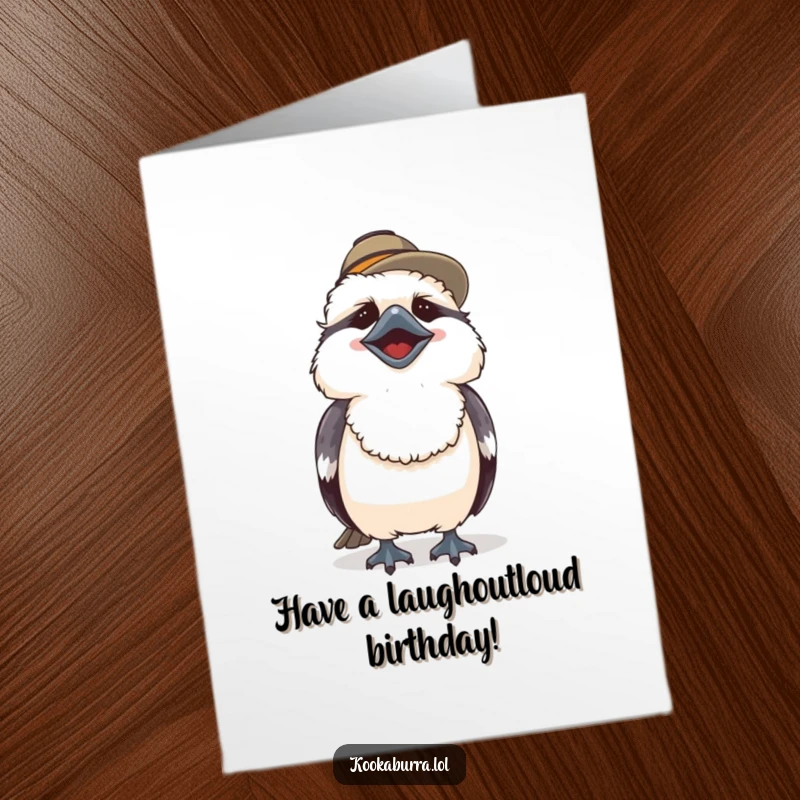 Funny Free Printable Birthday Card featuring a cute kookaburra in a tiny hat laughing heartily. Perfect downloadable gift for a jester.