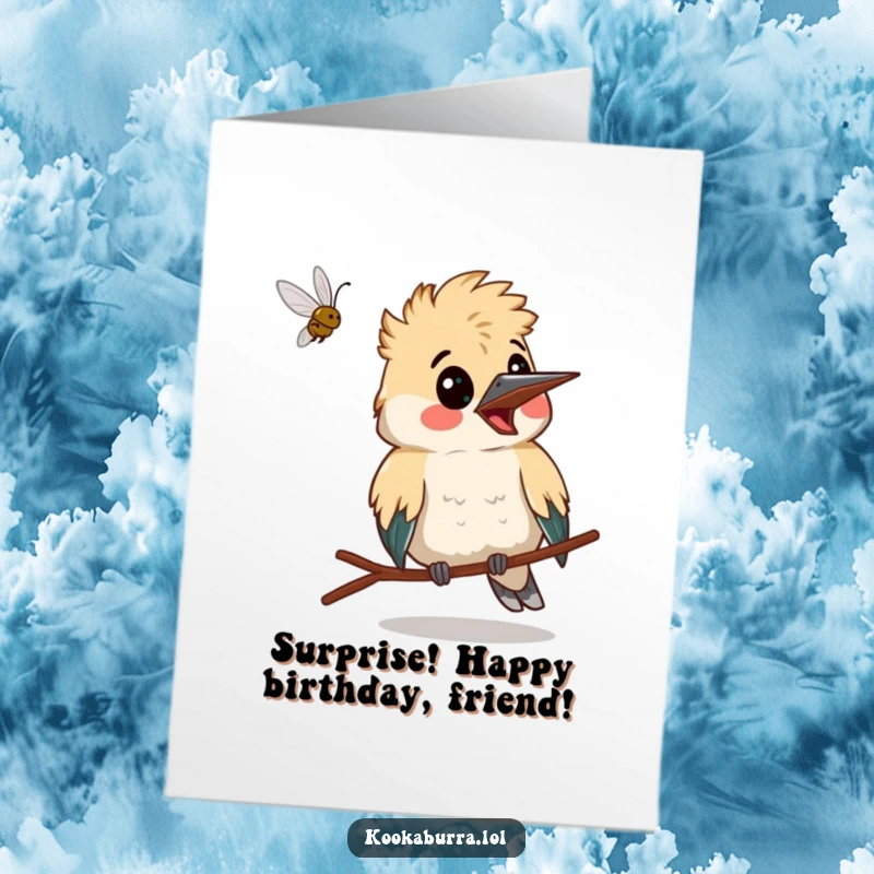 Funny Free Printable Birthday Card: A kookaburra making a comically surprised face as a small bug flies rapidly past its beak.
