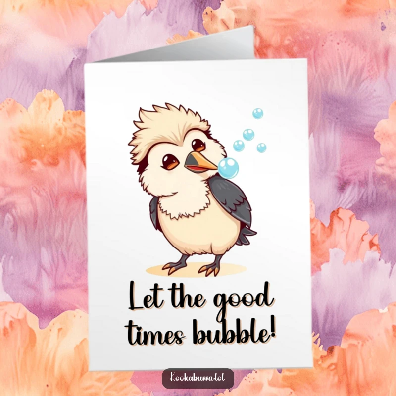 Funny Free Printable Birthday Card: A kawaii kookaburra with an amused expression blowing a stream of iridescent bubbles.