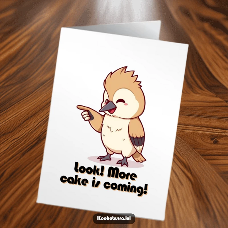 Funny Free Printable Birthday Card: A tiny, kawaii kookaburra pointing excitedly off-screen with a knowing chuckle.