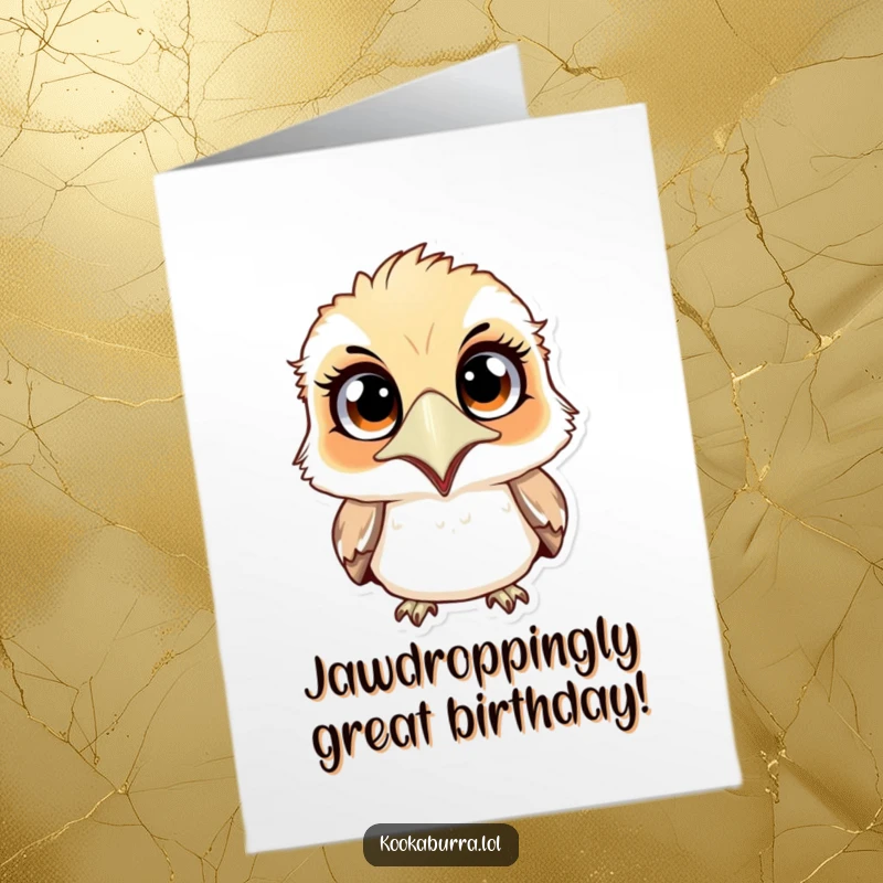 Funny free printable birthday card featuring a kookaburra with comically wide eyes and a dropped jaw, ready to celebrate.