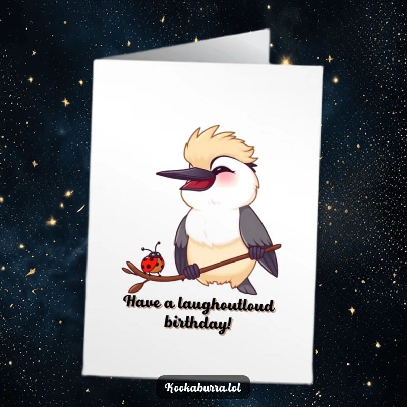 Funny free printable birthday card: a kookaburra and a ladybug share a hilarious laugh, spreading cheer with downloadable art.