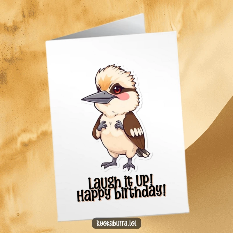 Funny free printable birthday card: a kookaburra mimicking a human in a ridiculous pose, spreading birthday cheer with humor.