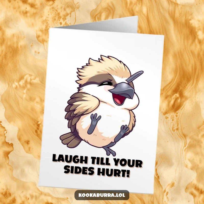 Funny Free Printable Birthday Card: Kawaii kookaburra tumbling joyfully with eyes closed, spreading laughter.