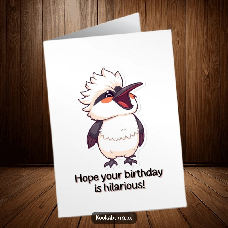 Funny Free Printable Birthday Card: a kawaii kookaburra bursting with laughter, head thrown back, sharing infectious joy and giggles.