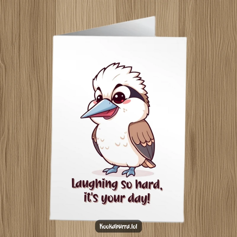 Funny Free Printable Birthday Card featuring a kawaii kookaburra with a wide open beak and a hilariously silly expression, ready to spread birthday cheer.