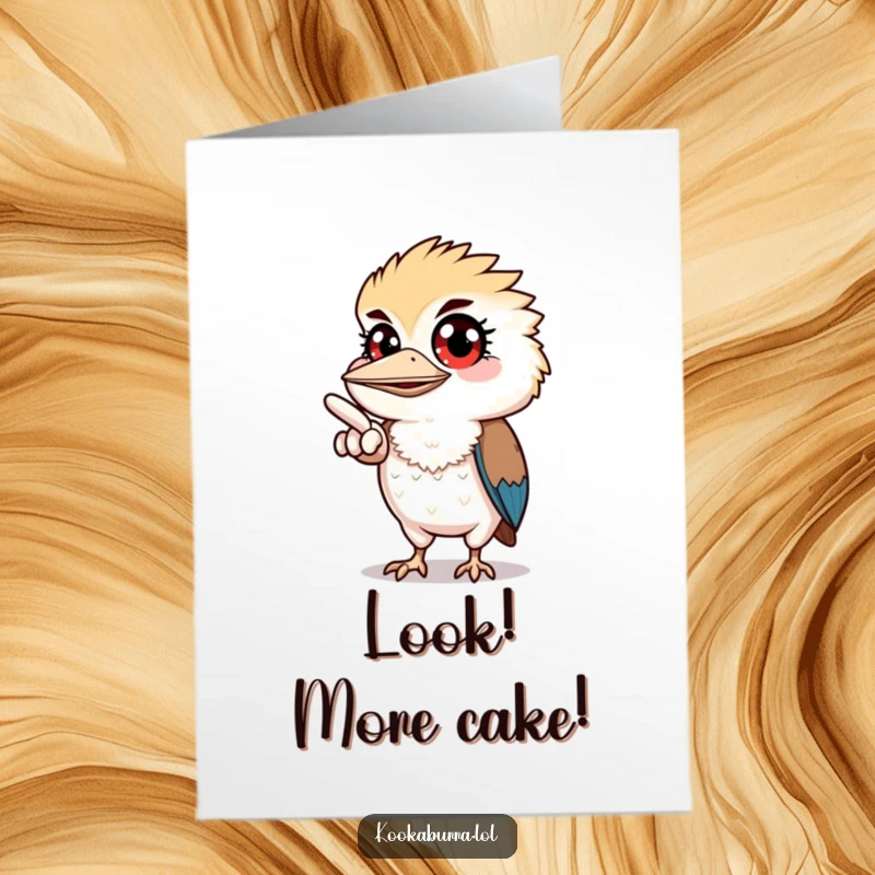 Funny Free Printable Birthday Card: A kookaburra with wide eyes points excitedly off-screen, hinting at birthday fun. Downloadable gift.