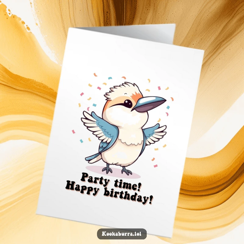 Funny free printable birthday card: a kookaburra in a festive mood throwing confetti with both wings, celebrating a birthday.