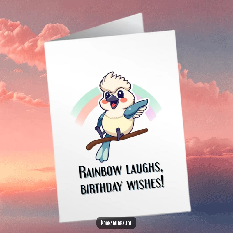 Funny Free Printable Birthday Card: A kookaburra gleefully sliding down a vibrant rainbow with a huge smile.