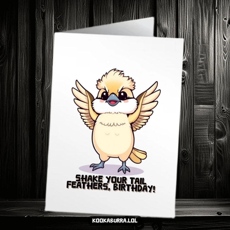 Funny Free Printable Birthday Card featuring a kawaii kookaburra joyfully dancing with wings spread wide, perfect for a lively birthday celebration.