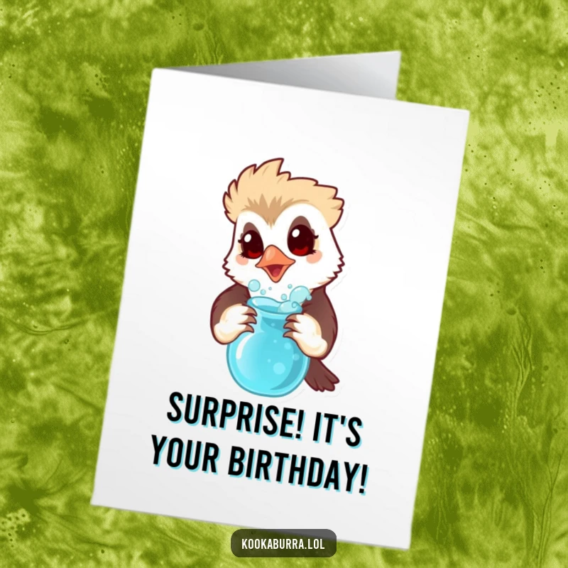 Funny Free Printable Birthday Card: A kookaburra with a shocked face holds a bubbling potion, hinting at wild birthday fun.