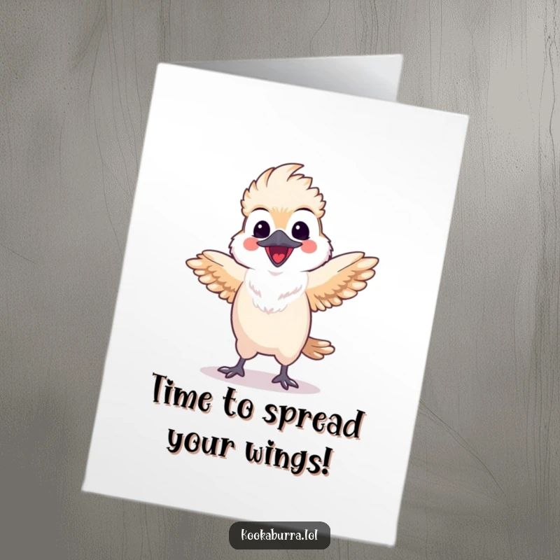 Funny Free Printable Birthday Card: A happy, kawaii kookaburra enthusiastically dancing with its wings spread wide.