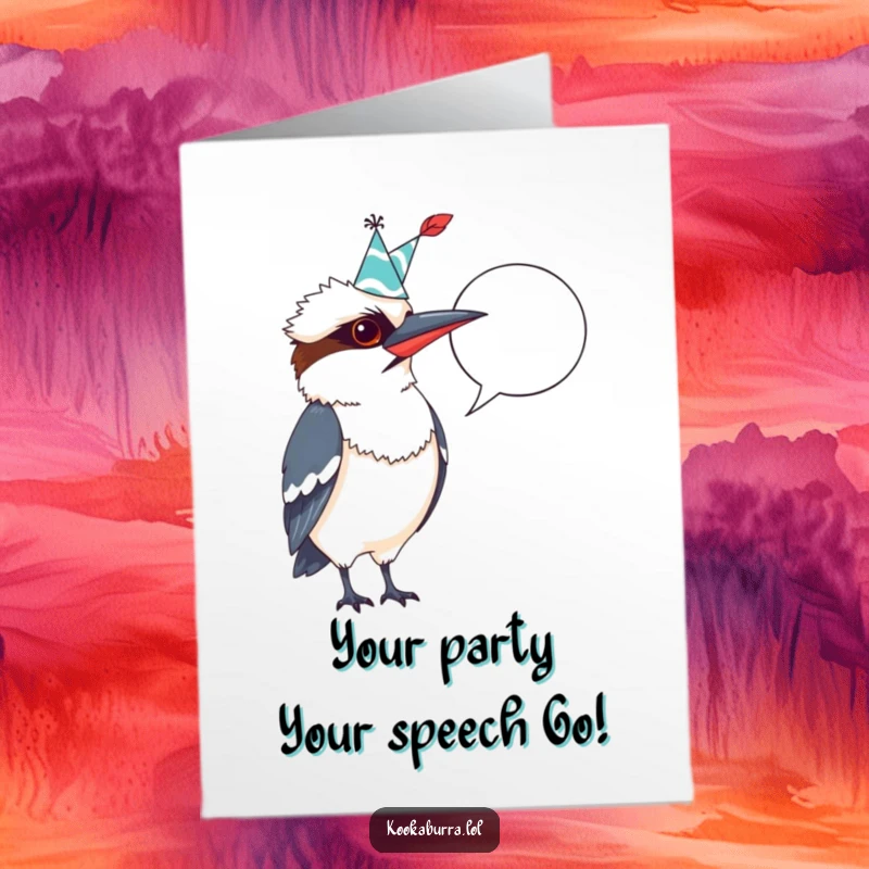 Funny Free Printable Birthday Card: Kookaburra with party hat and quill, pointing at a blank speech bubble for custom jokes.