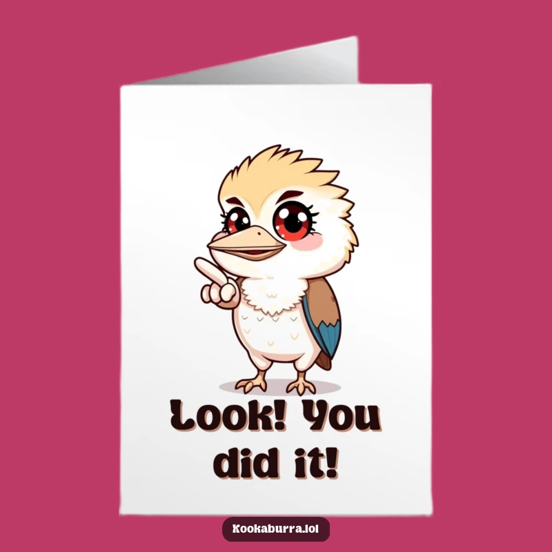 Congrats Free Printable Card: Wide-Eyed Kookaburra Points to Your Amazing Success Downloadable