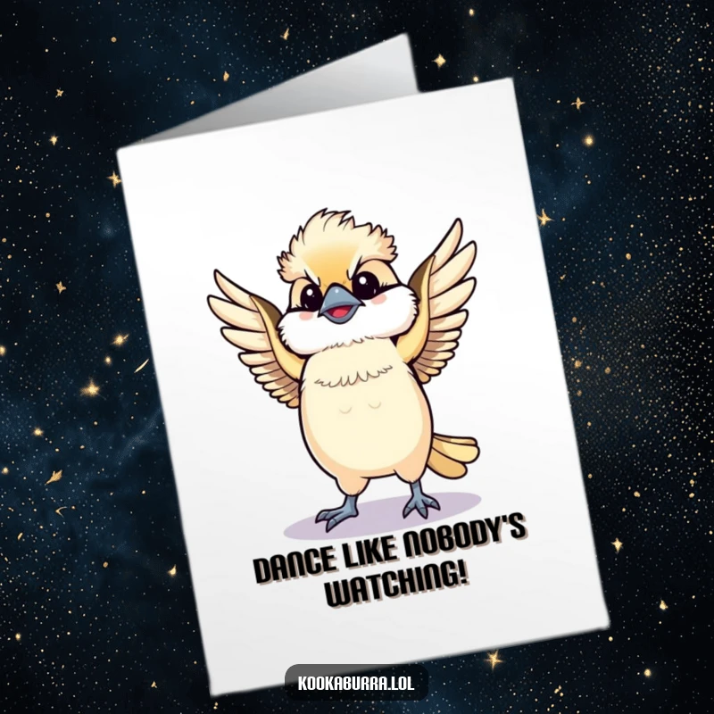 Funny Free Printable Congratulations Card showing a kawaii kookaburra in mid-dance with wings spread, perfect for celebrating any joyous occasion.