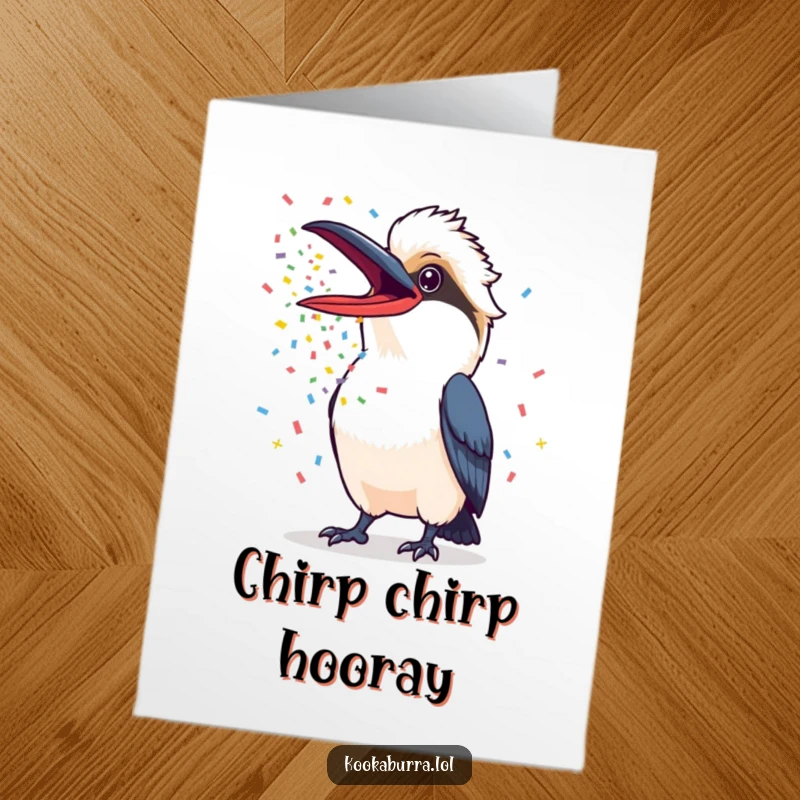 Funny Free Printable Congrats Card: Kookaburra's beak open wide, releasing a surprising cascade of colorful confetti for celebration.