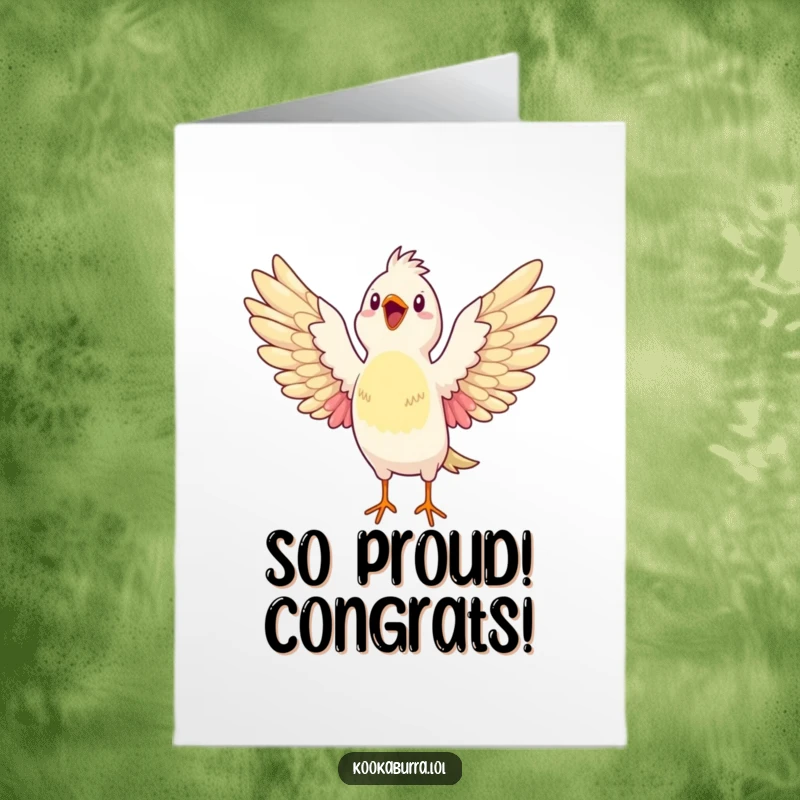 Funny Free Printable Congratulations Card showing a bird stretching its wings wide open, radiating pure, unadulterated glee.