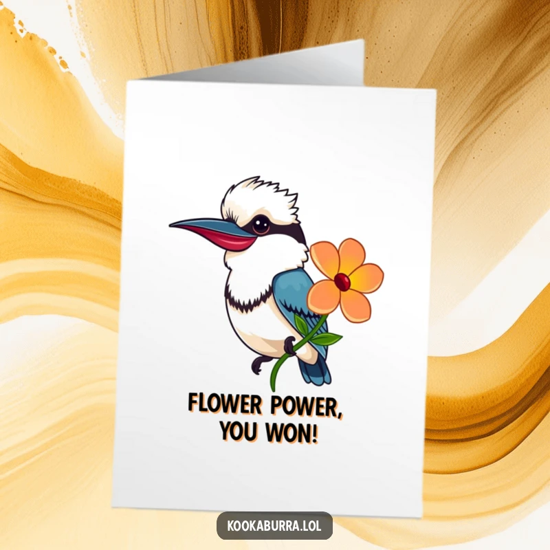 Funny Free Printable Congrats Card: A happy kookaburra presents a brightly colored flower with a warm smile.