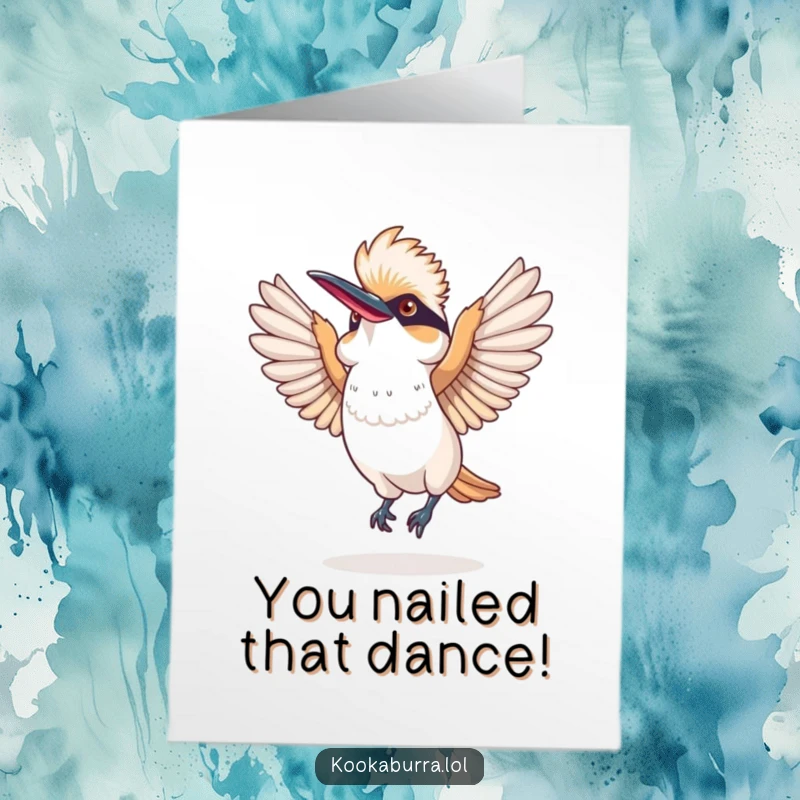 Funny Free Printable Congratulations Card: A kookaburra enthusiastically dancing with wings outstretched, a symbol of unrestrained happiness and celebration.