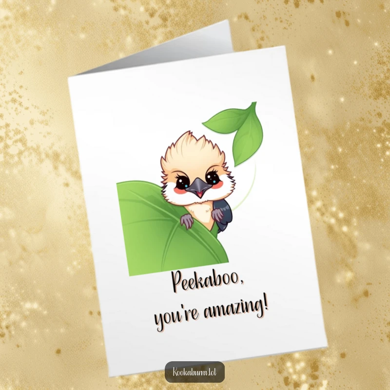 Funny Free Printable Congratulations Card featuring a kawaii kookaburra peeking curiously from behind a leafy hideout, ready to celebrate their achievements.