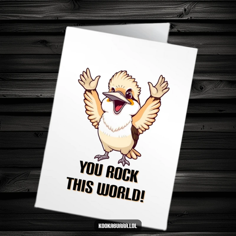 Funny free printable congratulations card featuring an ecstatic kookaburra throwing arms up in celebration of a well-deserved victory.