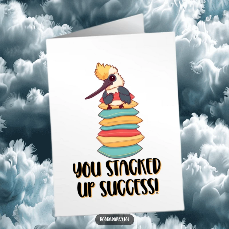 Funny free printable congratulations card with a kookaburra balancing a precarious stack of colorful pillows, symbolizing support and cheer.