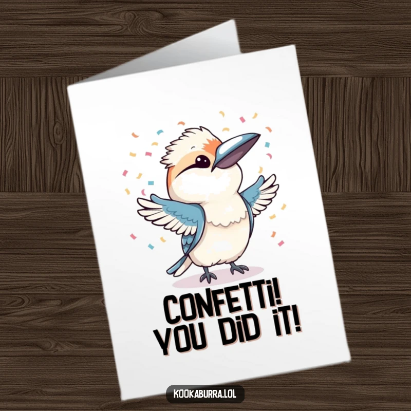 Free printable congratulations card: a kookaburra joyfully throwing confetti with both wings, creating a festive atmosphere for success.