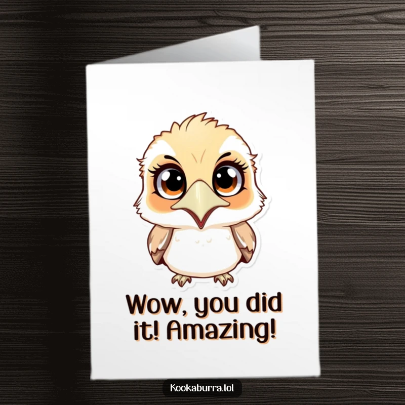 Funny free printable congratulations card showing a wide-eyed kookaburra, shocked by amazing news, ready to share the excitement.