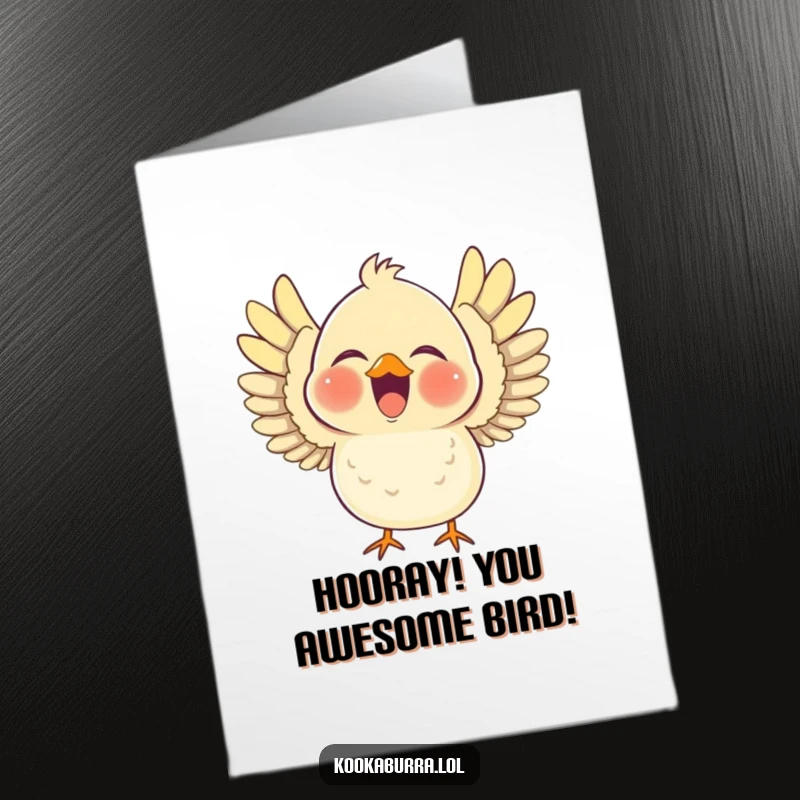 Funny Free Printable Congratulations Card featuring a chubby bird laughing heartily with outstretched wings, expressing infectious happiness.