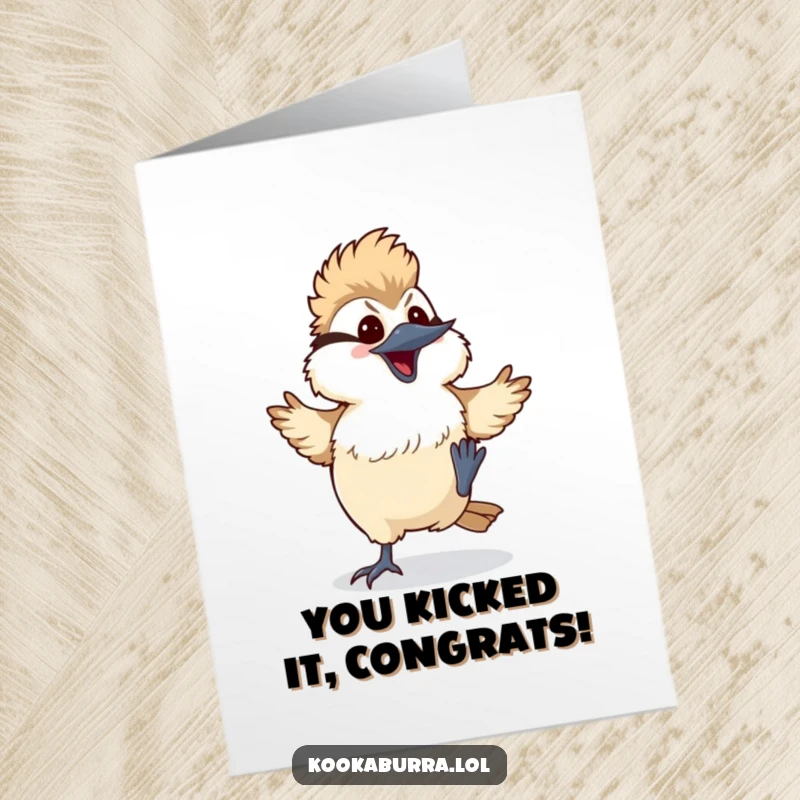 Funny Free Printable Congratulations Card: Kawaii kookaburra in a silly dance pose with feet kicking up, celebrating success with flair.