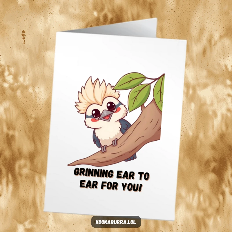 Funny Free Printable Congratulations Card with a kawaii kookaburra peeking from behind a large leafy branch, sporting a cheeky grin.