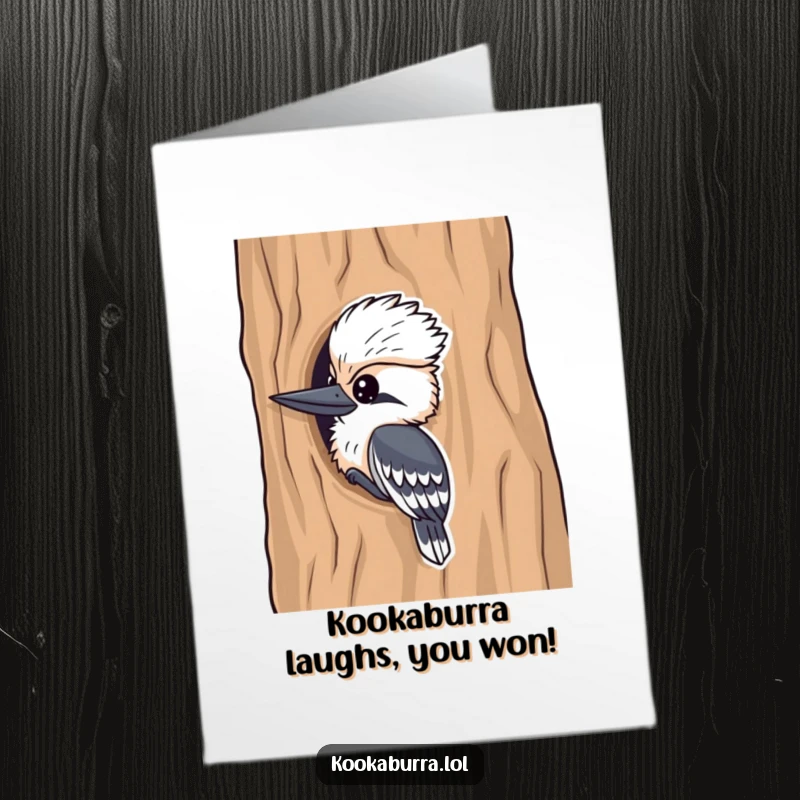 Funny Free Printable Congrats Card: Kookaburra peeking from behind a tree, ready to share good news.