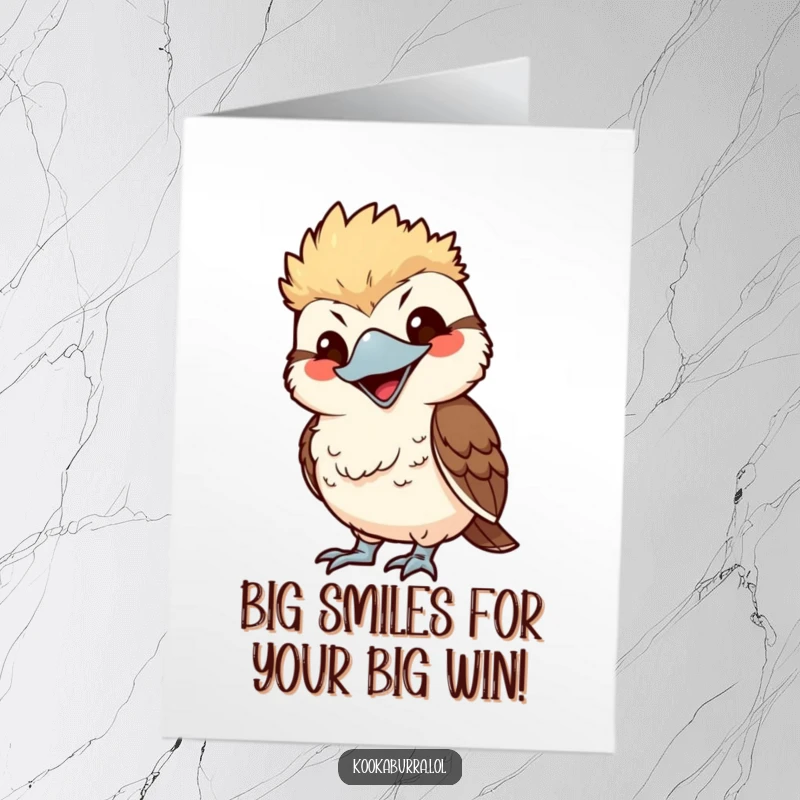 Funny Free Printable Congratulations Card showing a kawaii kookaburra playfully mimicking someone with a comical, exaggerated smile.