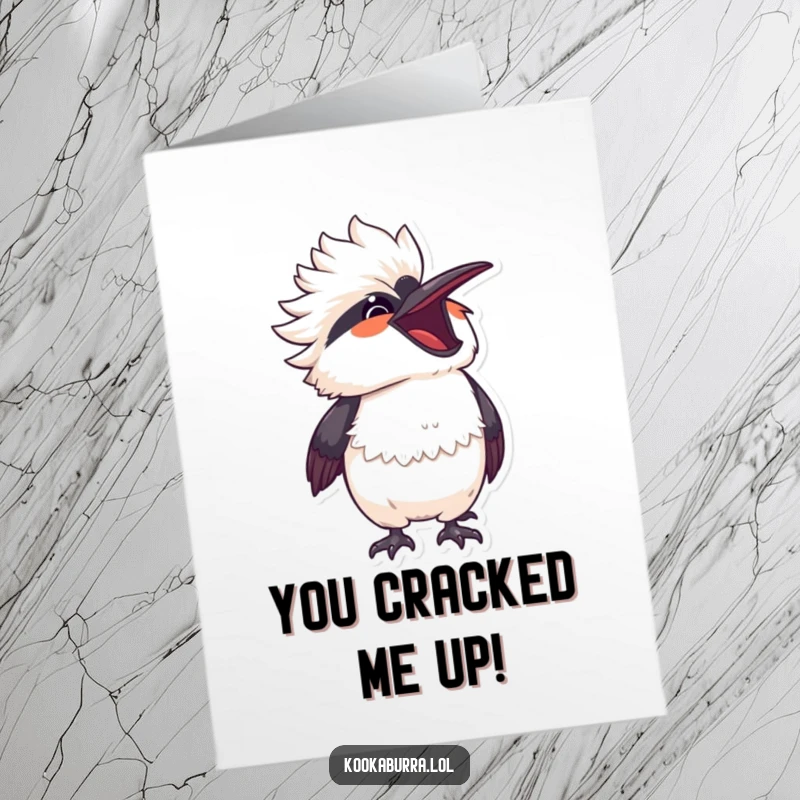 Funny Free Printable Congratulations Card: a kawaii kookaburra in full laughter, head back, sharing hilarious joy over their success.