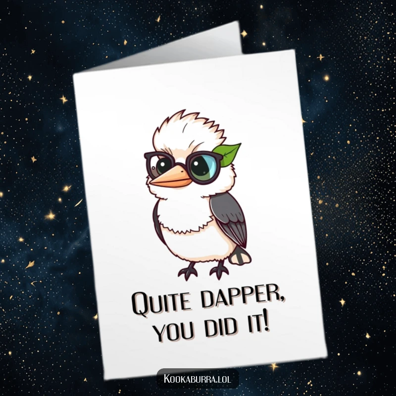 Funny Free Printable Congratulations Card: A smart kookaburra comically sporting a large green leaf as a distinguished monocle.