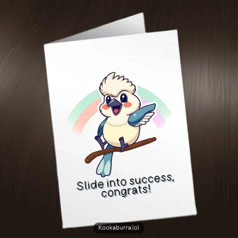 Funny Free Printable Congratulations Card: A kookaburra joyfully sliding down a rainbow, celebrating a momentous occasion.