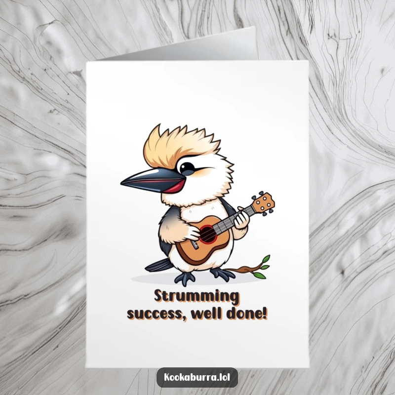 Funny Free Printable Congratulations Card: A kookaburra joyfully strumming a tiny ukulele, celebrating achievements musically.