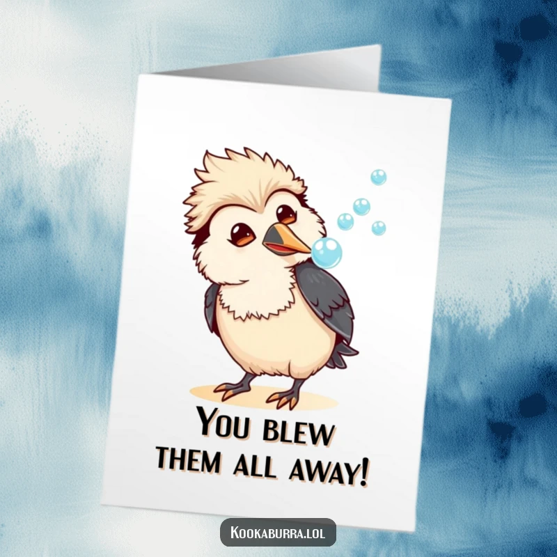 Funny Free Printable Congratulations Card: An amused kawaii kookaburra joyfully sending a cascade of bubbles from its beak.