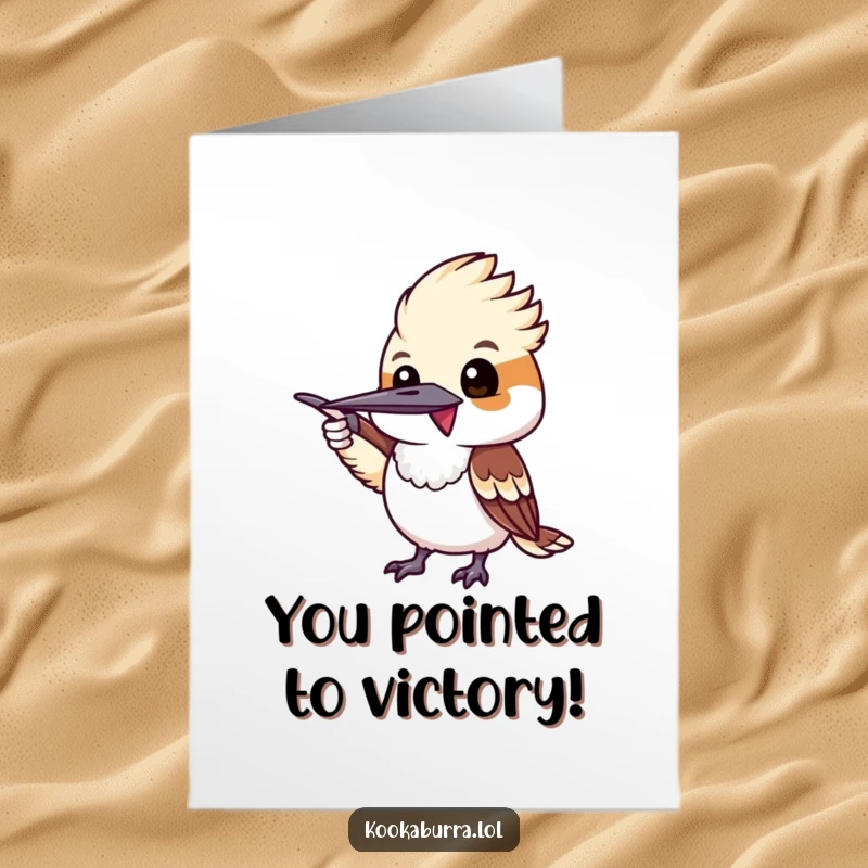 Funny Free Printable Congratulations Card: An animated kookaburra excitedly pointing with its wing, directing attention to achievement.