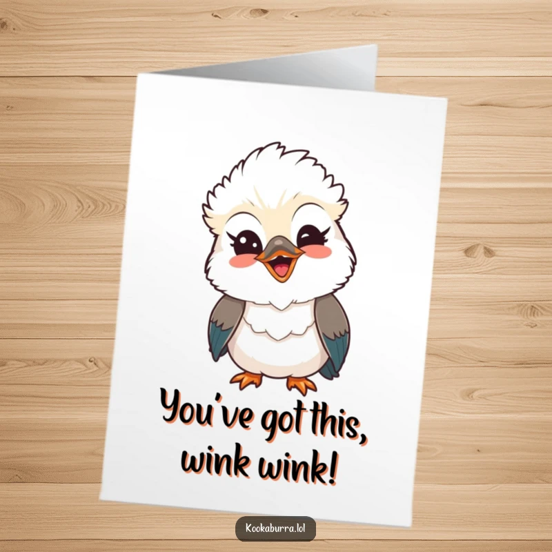 Funny Free Printable Congratulations Card showcasing a kawaii kookaburra giving a playful wink and a beaming smile, perfect for sharing good news.