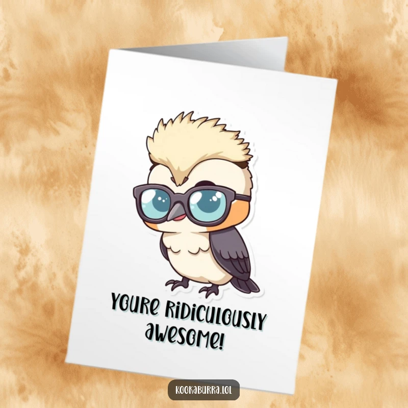 Funny free printable congratulations card showing a kookaburra with large glasses, peeking over the rims with a contagious giggle.