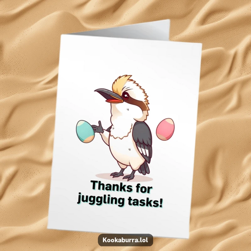 Funny Free Printable Thank You Card: Kawaii kookaburra performing a hilarious juggling act with large, wobbly eggs.