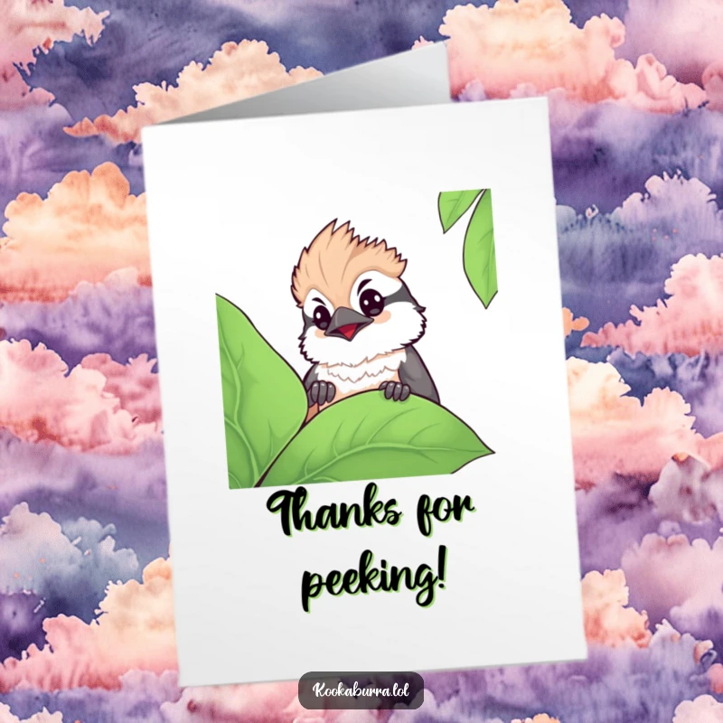 Funny Free Printable Thank You Card: A kawaii kookaburra peeking from behind a leaf with an inquisitive and sweet expression, saying thanks.