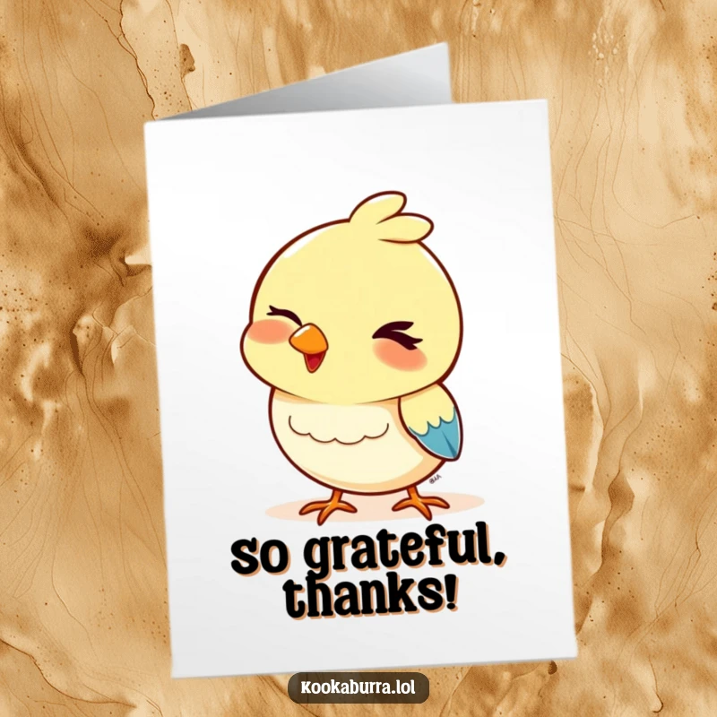 Funny Free Printable Thank You Card featuring a bird with a playful wink and bobbing head, showing sincere, fun gratitude.